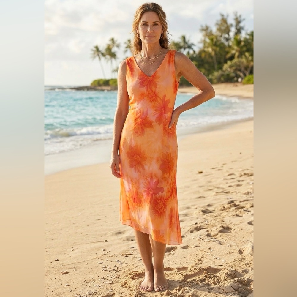 Orange Floral Midi Dress Faux Wrap V-Neck Size 16 Summer Wedding Guest